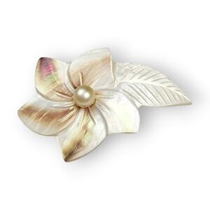 Vintage Flower Brooch Carved Mother Of Pearl Faux Pearl Shell White Brown 2.25"